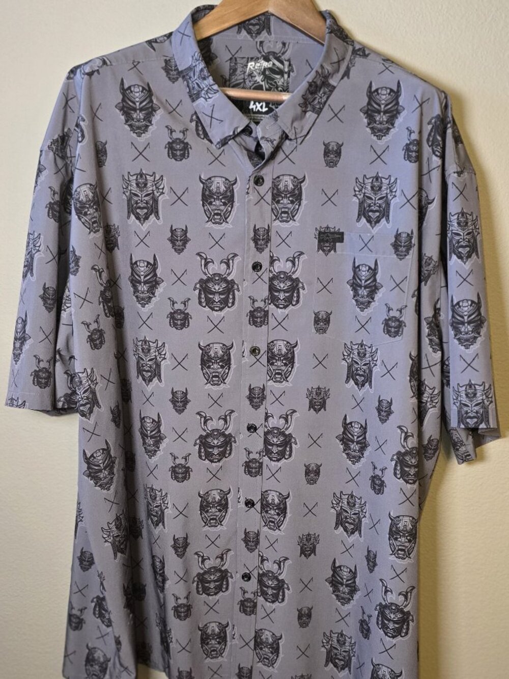 Retro Rifle Oni Mask Samurai Japanese Button-Up Shirt – 4XL